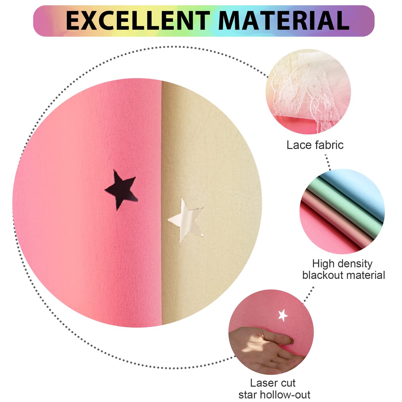 Unistar 2 Panels Blackout Stars Curtains for Girls Bedroom Kids Aesthetic Living Room Decor Colorful Double Layer Star Cut Out Stripe Window Wall Home Decoration Curtain,W52 x L63 Inches - Image 4