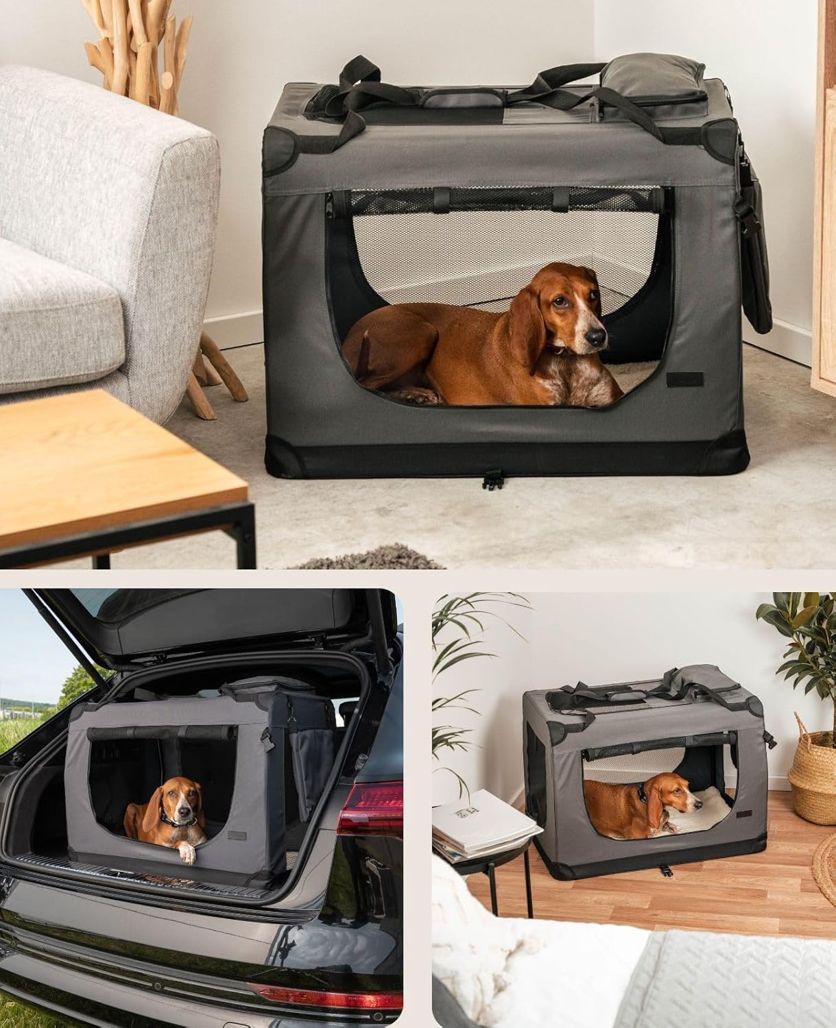 lionto Składany transporter dla psa do podróży i samochodu, 82x58x58 cm, wytrzymały transporter z uchwytami i kocem dla kota i psa do 18 kg, mocna torba z tkaniny, szary