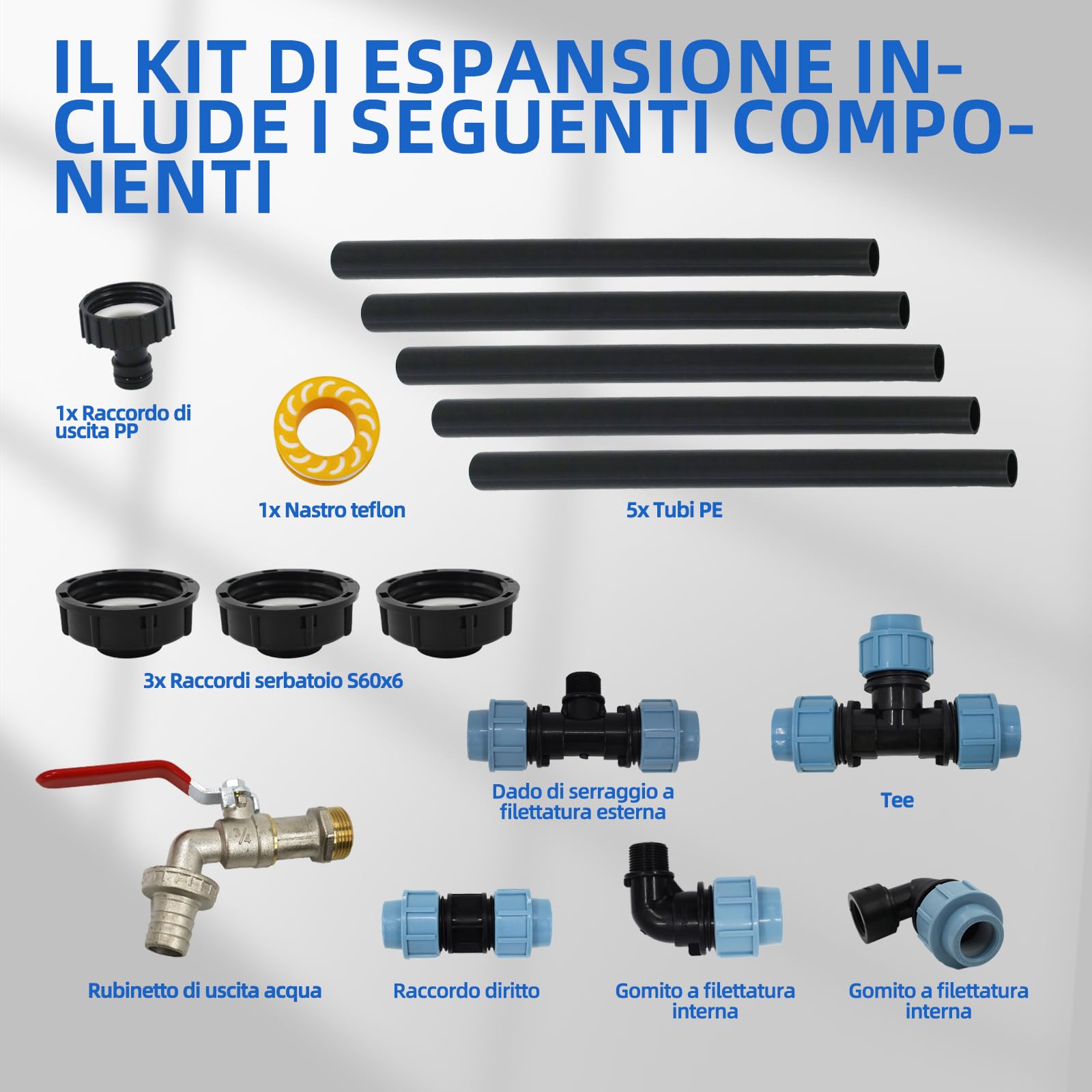IBC - Set di collegamento per 3 serbatoi IBC o serbatoi di pioggia, con rubinetto a collo di cigno da 3/4", uscita con raccordo tubolare, ideale per l'irrigazione del giardino