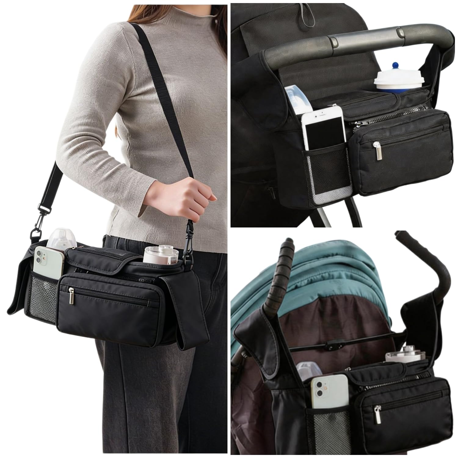 Bolso Carro Bebé Universal con 2 Portavasos Aislados y Monedero Extraíble, Bolsa Organizadora de Cochecitos Impermeable, Correa de Hombro Desmontable para Silla de Paseo y Carrito, Multifuncional