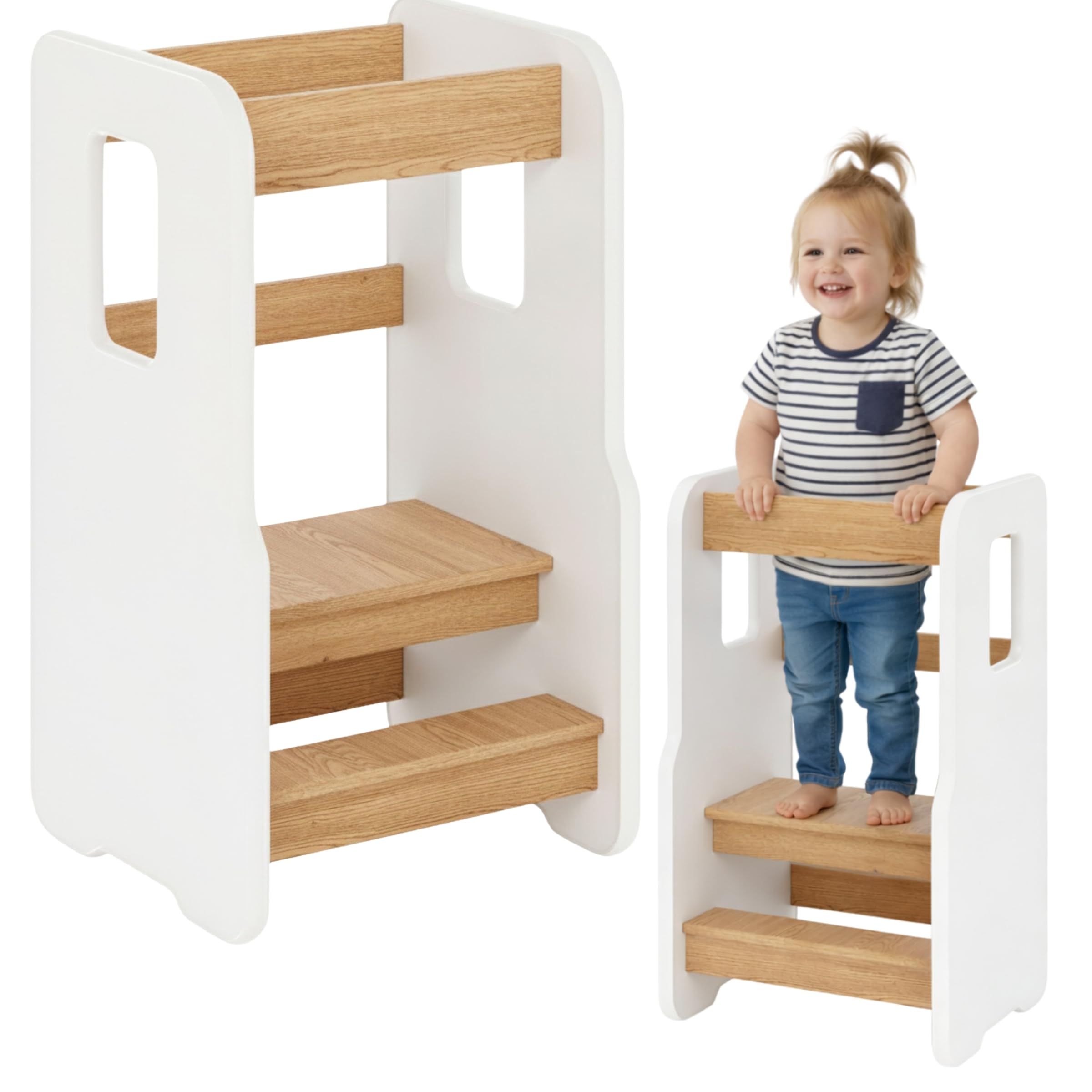Lernturm ab 1 Jahr, Montessori Learning Tower, Weiß/Eiche | 3-stufig Höhenverstellbarer Lernturm für Kinder, Kinderstuhl Holz, Sicherer & Stabil Tritthocker Kinder, Tritthocker