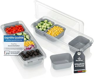 Zutatenbehälter Napoli 2er Set – stapelbare Aufbewahrungsbox mit 8 Einsätzen & 2 Deckeln – lebensmittelechte Kühlschrank-Organizer für Pizzabeläge & Meal Prep – granit