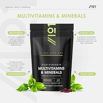 Multivitamins & Minerals for Men and Women – 26 Essential A-Z Vitamins & Minerals – 90 Vegan Tablets (One per Day) – Immune, Energy & Bone Support by Alpha01