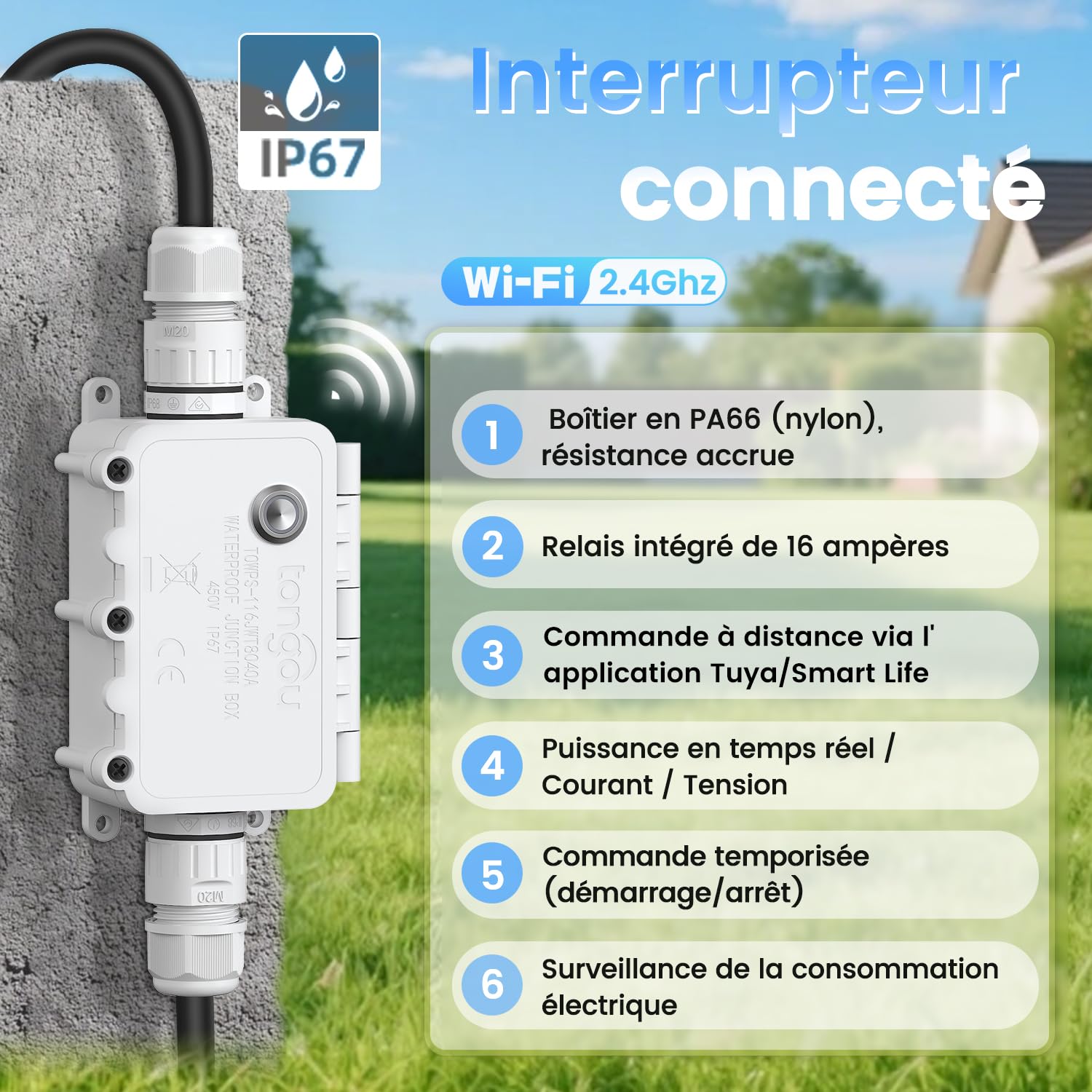 TONGOU Smart life - Interrupteur 1 ~ 16 A, télécommande Wi-Fi, contrôle vocal, IP67, boîte de dérivation étanche avec mesure de consommation d'énergie, protection contre les surcharges