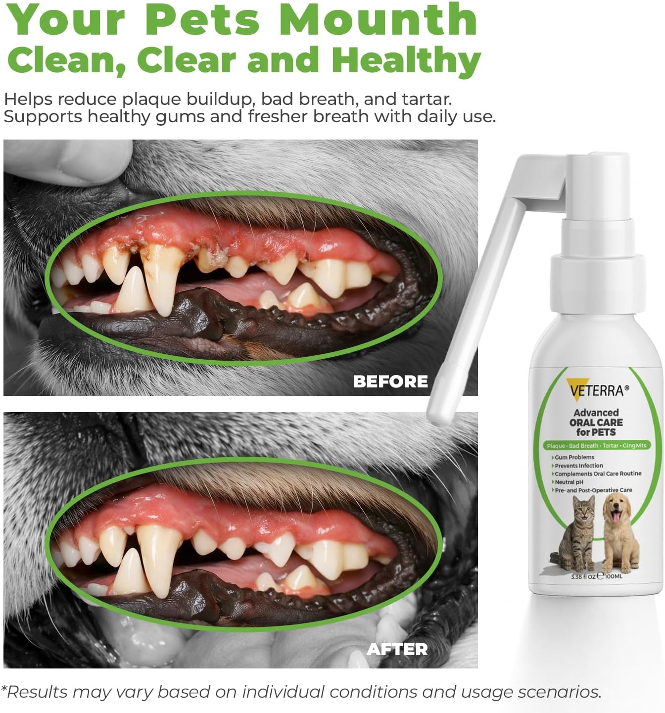 Dog and Cat Dental Spray for Dogs & Cats – Vet Recommended Oral Care, Teeth Cleaning Spray, Breath Freshener, Helps Reduce Plaque and Tartar, No Brushing Required - 3.38 Fl Oz - 100 Ml