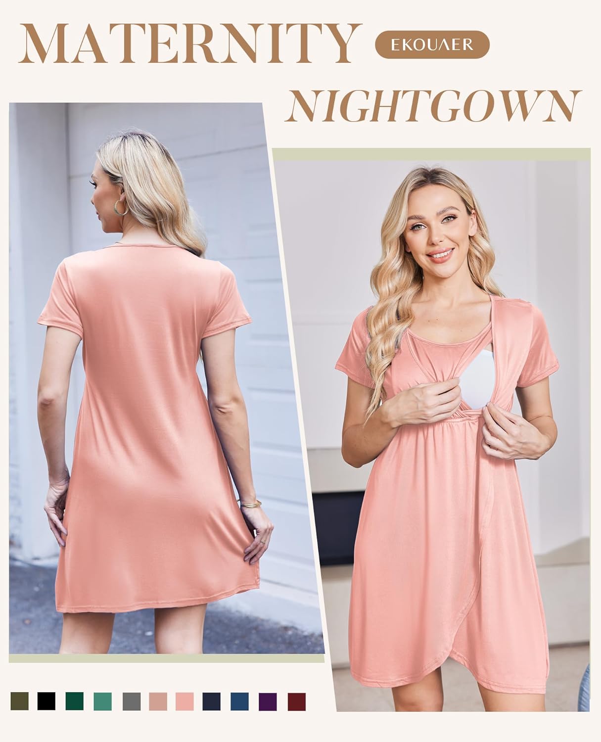 Ekouaer Nursing Nightgown 3 In 1 Maternity Nightgown Short Sleeve Nursing Gown Breasfeeding Sleepwear Delivery Dress - Image 5