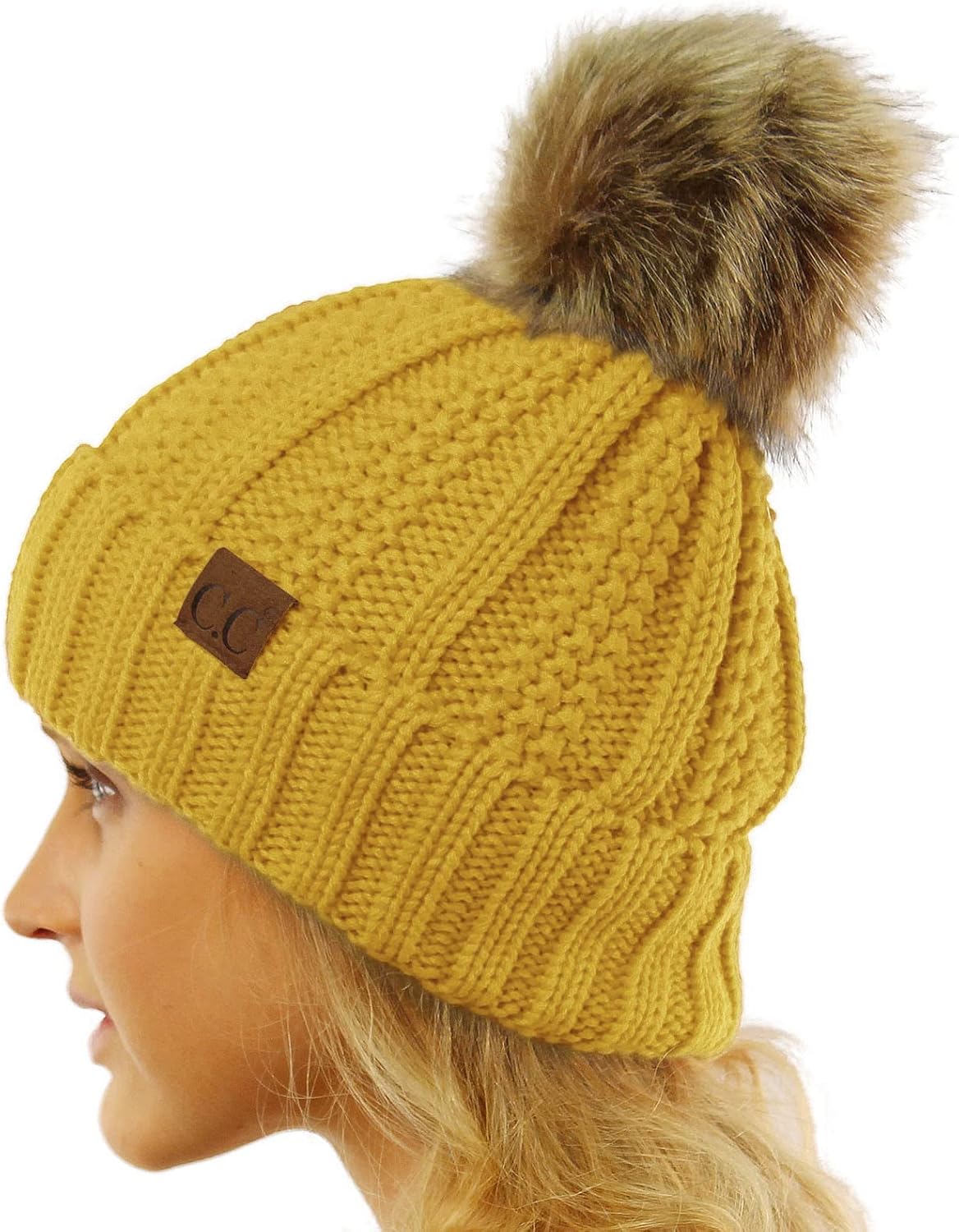C.C Winter Sherpa Fleeced Lined Chunky Knit Stretch Pom Pom Beanie Hat Cap (Solid Honey Mustard)