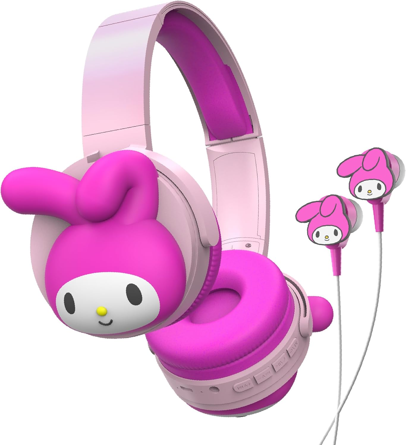 Hello Kitty 2-in-1 Wireless Bluetooth Headphones with Wired Earbuds – Foldable Over-Ear Headset with Built-in Mic, AUX Cable, Adjustable Headband, and Onboard Controls – My Melody