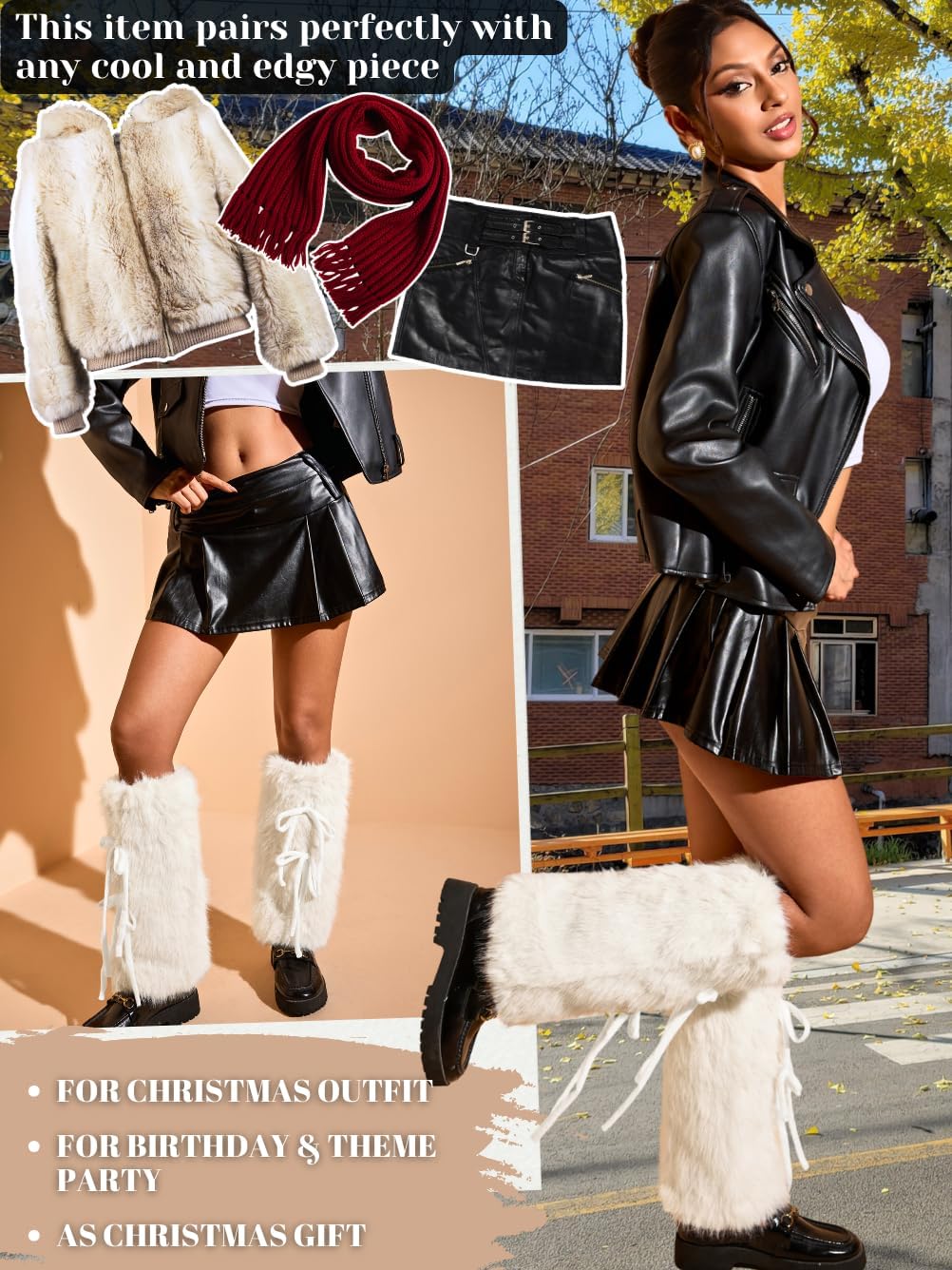 Fuzzy Leg Warmers,Bow Tie Faux Fur Fluffy Boots For Women,Furry Concert Rave Santa Costume Boot Covers - Image 5