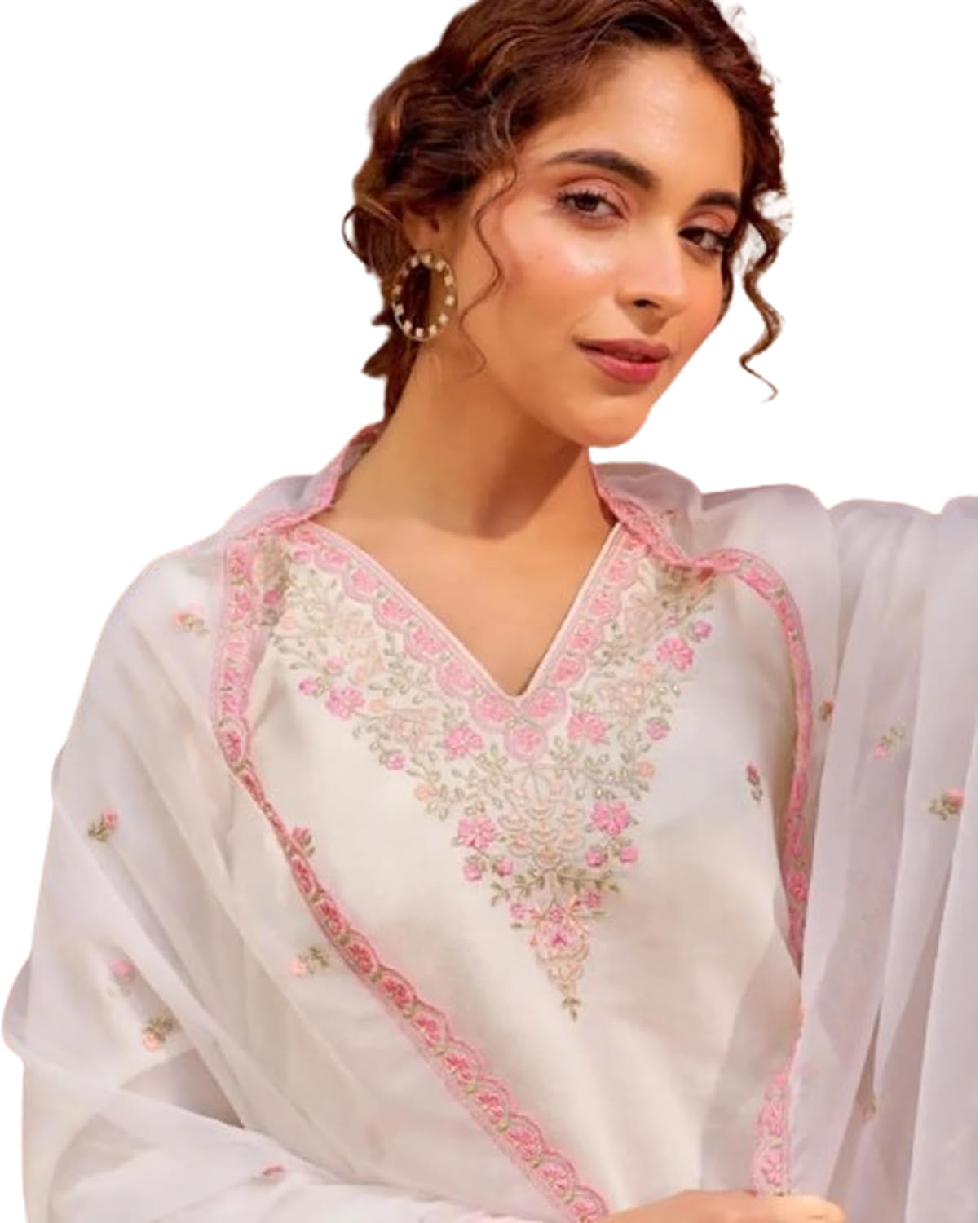 Elegant White Silk Sharara Suit Set with Pink Embroidery, Traditional 3-Piece Kurti Dupatta Ensemble, Ethnic Wear