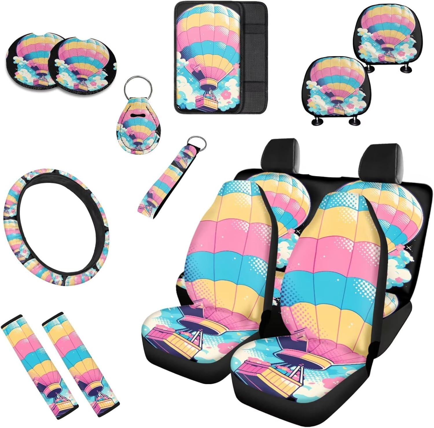 Cherry Blossom Hand Drawing Car Seat Cover Full Set 13 Pcs Front Back Seat Cover Pink Flower Art Painting Steering Wheel Cover,Seatbelt Pad Keychain Coaster