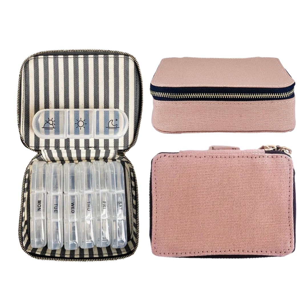 Bag-all Large Pill Große Pillenbox Reise | Tablettenbox mit Wochendosierer | Medikamenten Organizer aus Baumwolle mit Reißverschluss | Reiseapotheke Tasche mit Tagesfächern | Rosa