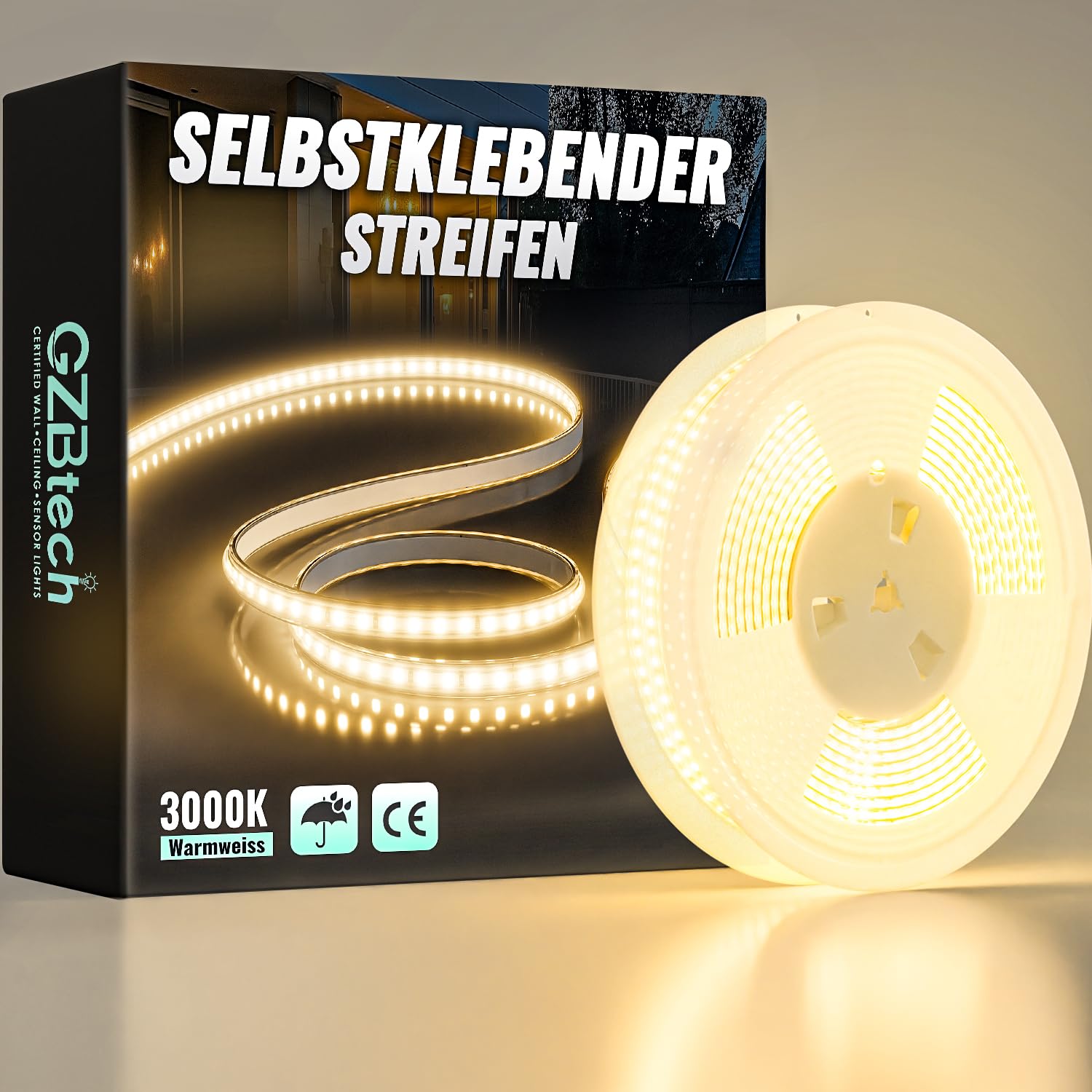 GZBtech Silikon LED Strip Light 15M, 230V 3000K Warmweiss LED Streifen Schrankbeleuchtung, kürzbar Selbstklebend Lichtband für Schlafzimmer Küchen Innen Außen Deko und Kommerzielle Nutzung, CE Listed