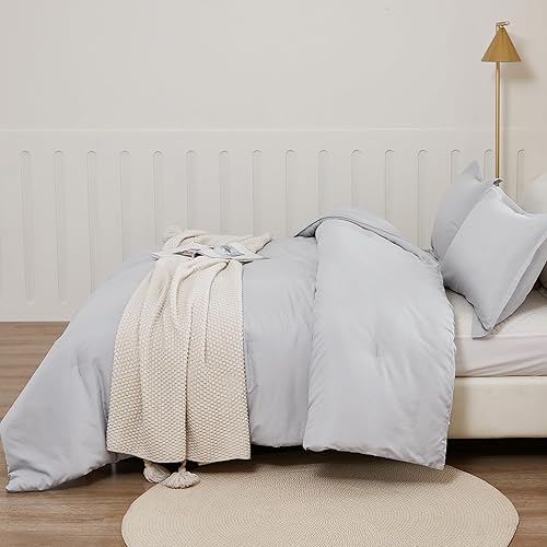 Miniatura 7 de Litanika Juego de edredón gris claro tamaño matrimonial, juego de ropa de cama y colecciones de 3 piezas, bohemio, ligero, liso, para todas las