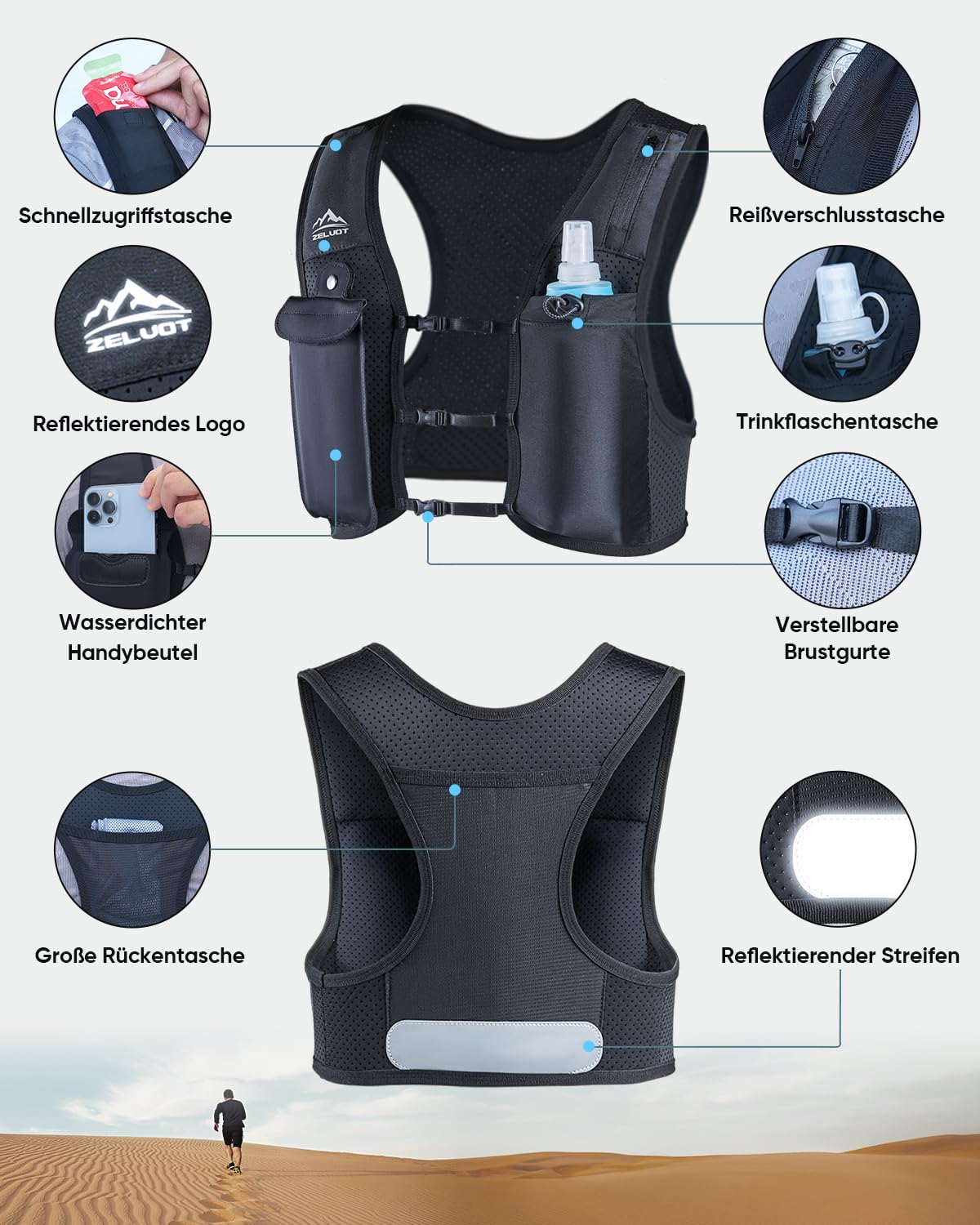 Zelvot Zaino Trail Running per Uomo e Donna, Brevetto Originale Europeo, Cinghie Pettorali Regolabili, Gilet Running con Borraccia Morbida 500ml, Gilet Corsa con Supporto per Telefono