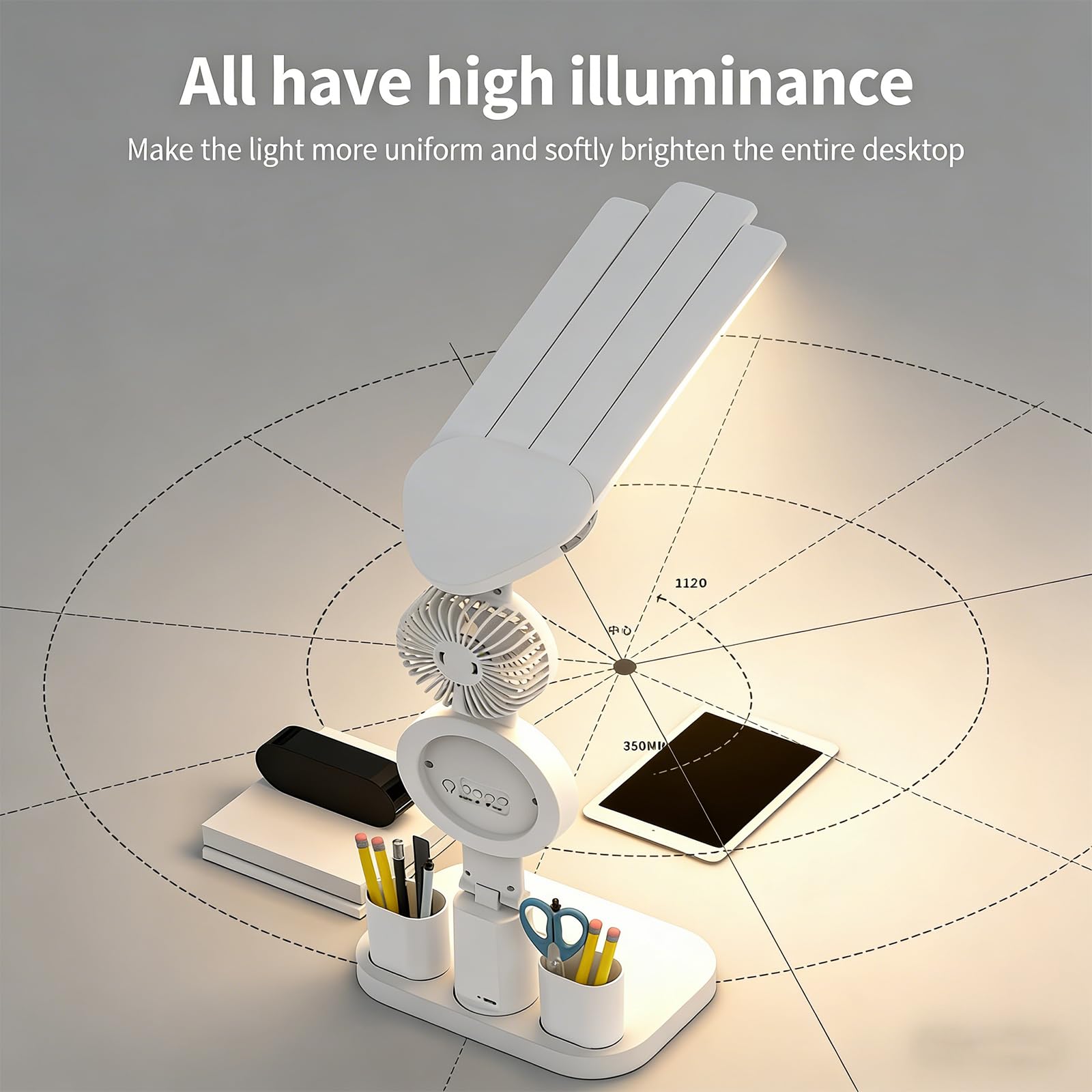 Lampada da scrivania a LED flessibile con ventola integrata che offre colori luce modificabili, batteria ricaricabile per un utilizzo silenzioso e trasportabile Lampada da scrivania con ventola