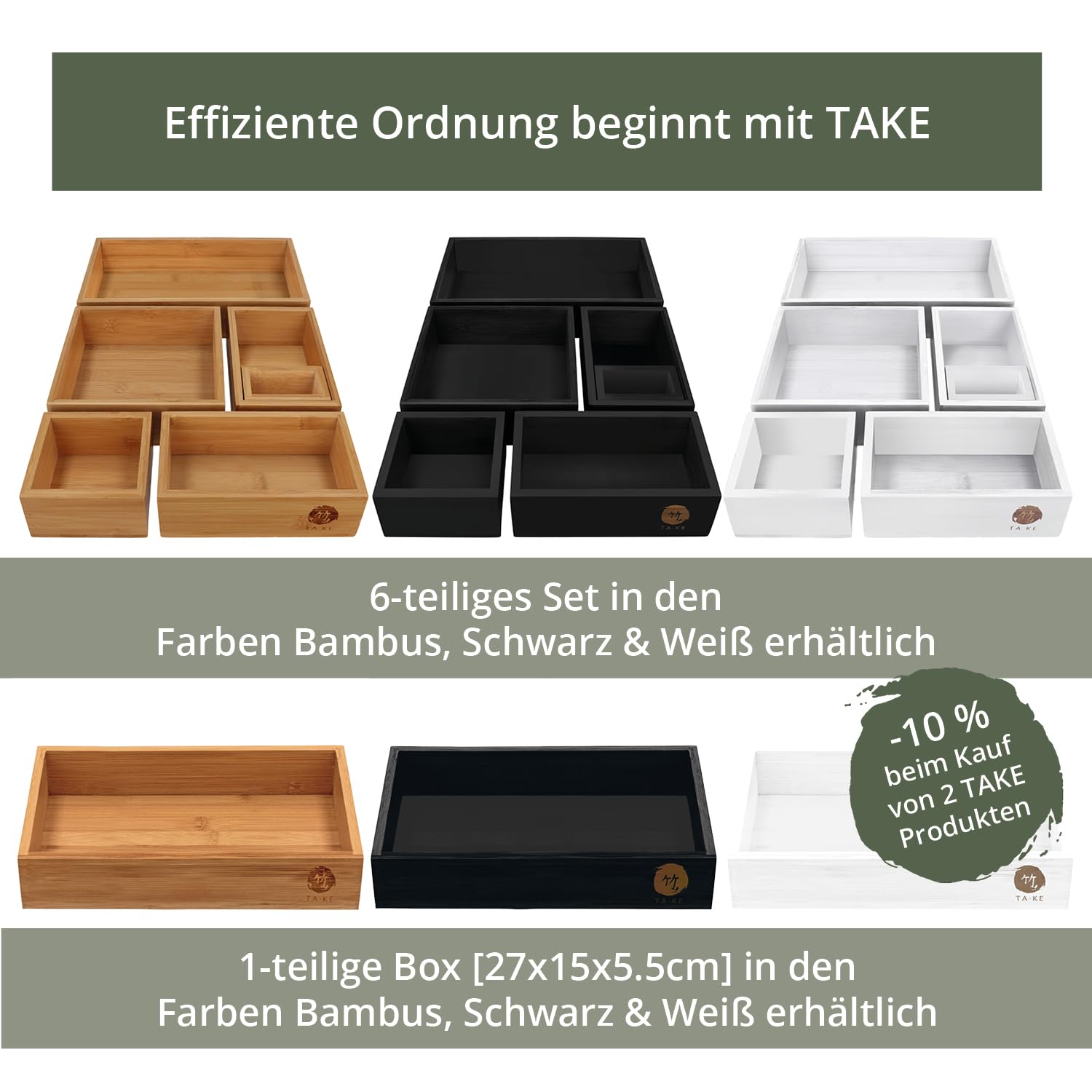 TAKE® 6-częściowy organizer do szuflad, wykonany w 100% z naturalnego bambusa (biały) – organizer do szuflad, pudełka w różnych rozmiarach, do kuchni, łazienki i biura, organizer do szuflad, toaletki