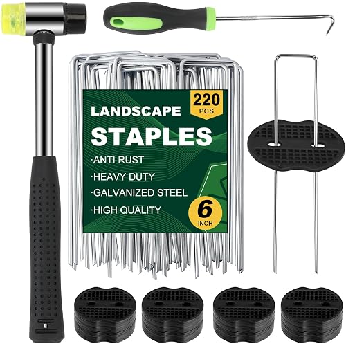 6 Inch Landscape Staples 220Pcs with Gaskets,Hammer,Pick Hook | 11 Gauge Galvanized Landscaping Staples Landscape Pins Garden Stakes U-Shaped Sod Weed Barrier Fabric Garden Fencing Edging