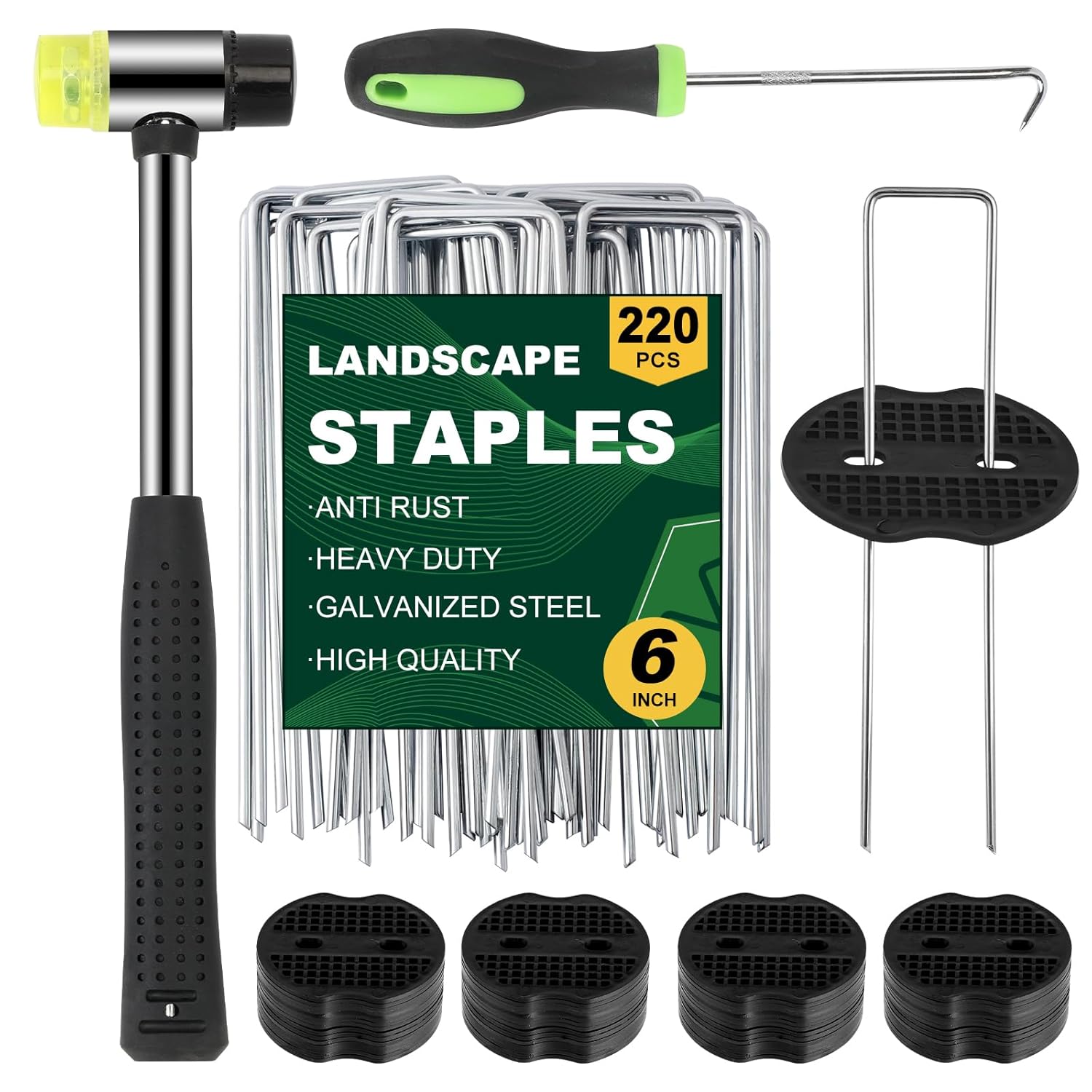 MAT-7 BANQUET 220Pcs Galvanized Landscape Staples 6 Inch 11 Gauge+220Pcs Gaskets+1Pcs Hammer+1Pcs Pick Hook Garden Stakes Landscape Pins U-Shaped Weed Barrier Fabric Garden Fencing Edging Landscaping
