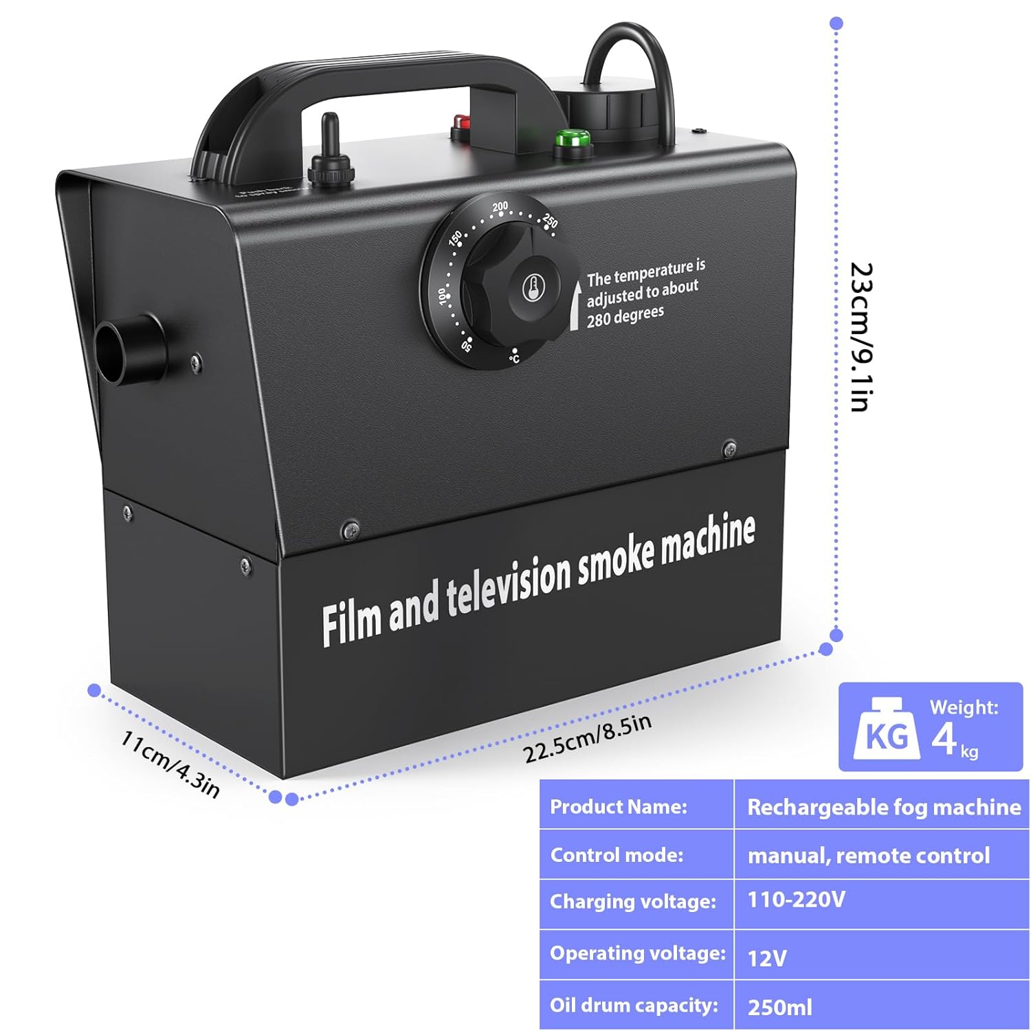 The fog machine with a vibrant background of fireworks and a crowd. Insets show details of the manual spray lever, green and red indicator lights, temperature dial, and battery percentage display (85%).