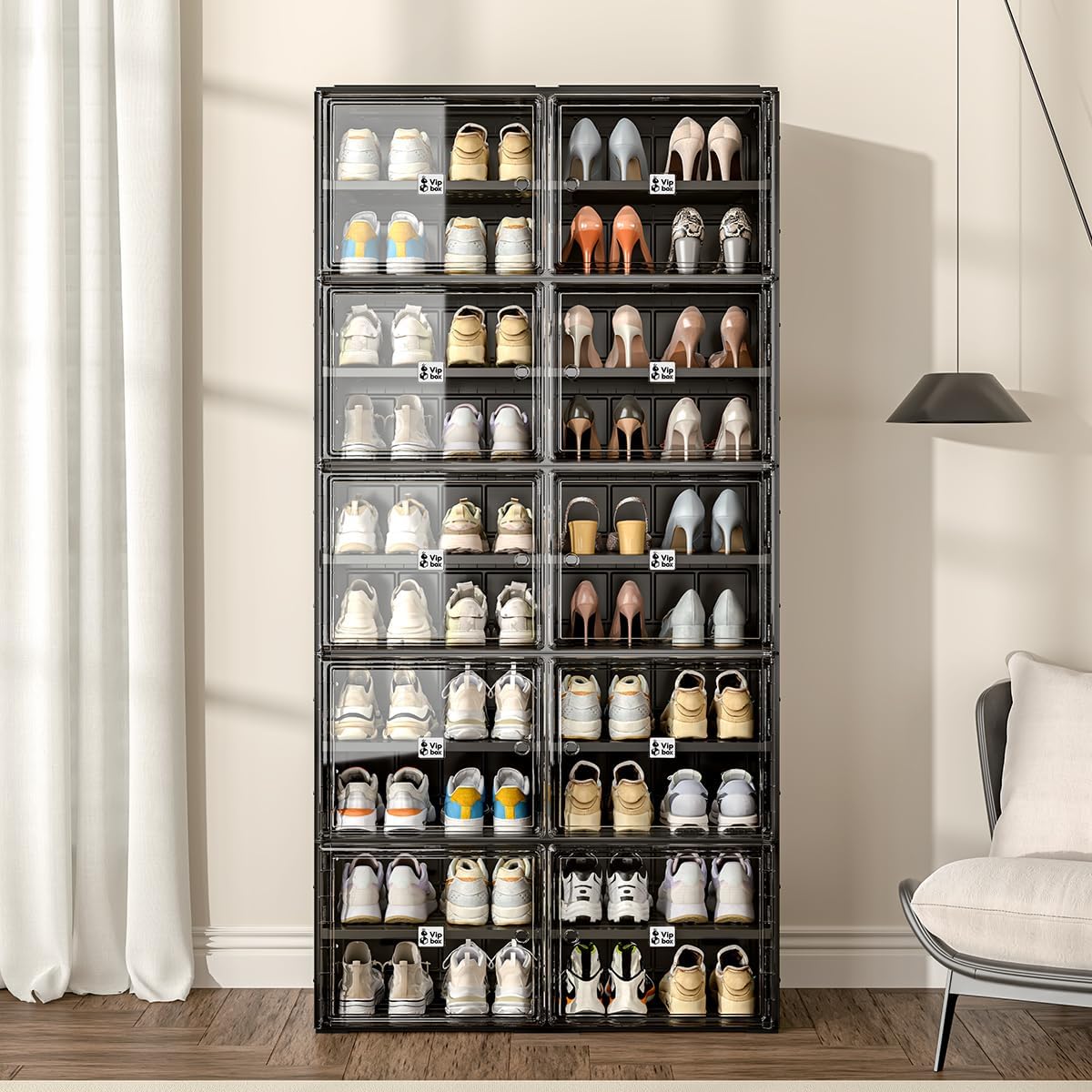 Shoe Rack Organizer Cabinet for Closet Entryway,Clear Shoe Storage Boxes Stackable Sneaker Storage with Door Easy Assembly Black Shoe Cabinet with Lids Large 10 Tiers 40 Pairs