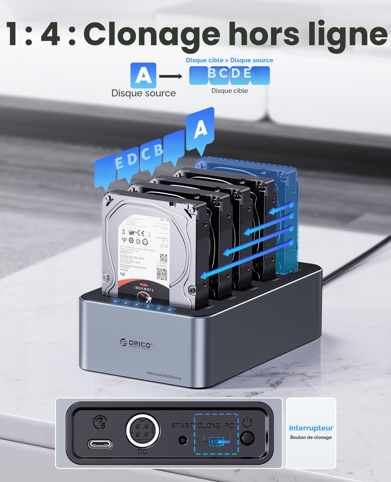 ORICO Aluminium Clone 5 Baies Dock pour Disque Dur, USB C Stations d'accueil pour Disque Dur pour SATA de 2,5/3,5" SSD/HDD jusqu'à 20 to, Clonage Hors Ligne Dock (6656C3-C)