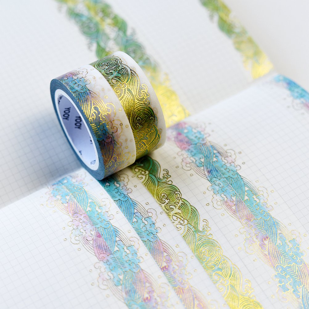 Złota taśma Washi Tape zestaw 2 rolek - unikalny design złota kolorowa fala morska dekoracyjna DIY japoński klej maskujący samoprzylepny papier Washi zestaw taśm (szerokość: 15 mm)