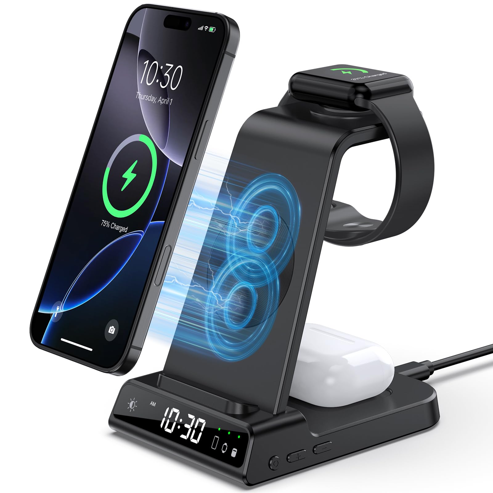 Caricabatterie Wireless per Apple, 3 in 1 Stazione di Ricarica Wireless con Orologio per iPhone 16/15/14, per Caricabatterie per Apple Watch 10/9/8/7/6/SE, Charging Station con Air Pods 4/Pro
