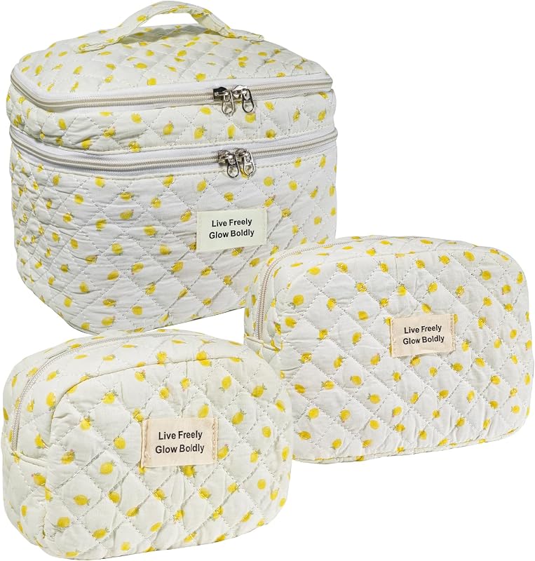 ZERFLUMP Conjunto com 3 necessaires de maquiagem acolchoadas com zíper, estampa floral, 78-Lemon