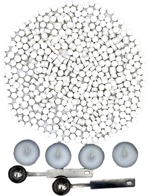 Sealing Wax Beads Set 500 Pieces Octagon Wax Seal Beads with 2Pcs Melting Spoons and 4Pcs Tealight Candles for Wax Stamp Letter Sealing (White)