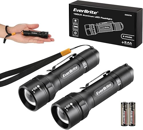 EverBrite Paquete de 2 mini linternas LED superpequeñas de 150 lúmenes, linterna con zoom con cordón y clip, 3 modos, IPX4 impermeable, para
