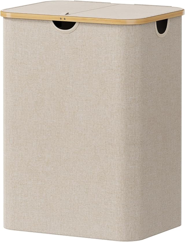 Lifewit Cesta Portabiancheria 150 L con Coperchio, Grande Cesto Biancheria Pieghevole in Bambù con Sacco Interno, Portabiancheria Salvaspazio, Laundry Basket per Camera da Letto, Bagno, Beige