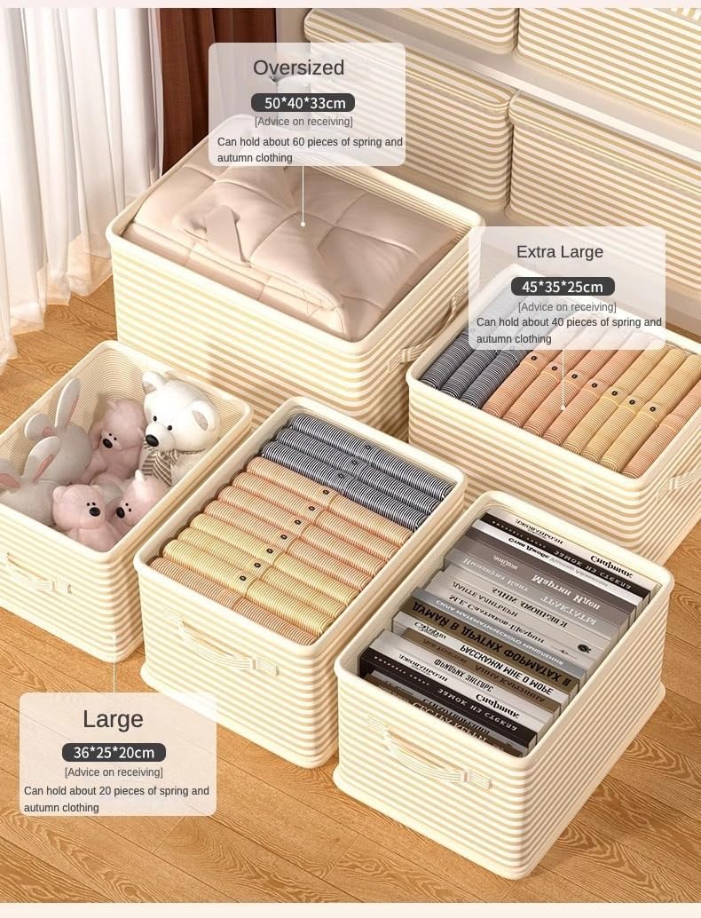 Storage Bins with Lids - Fabric Closet Organizers and Storage Box for Clothes, Toys & Shelves - Foldable Japanese Style Basket, Stackable & Dustproof (No Assembly Required)(M-Beige Striped-5pcs)