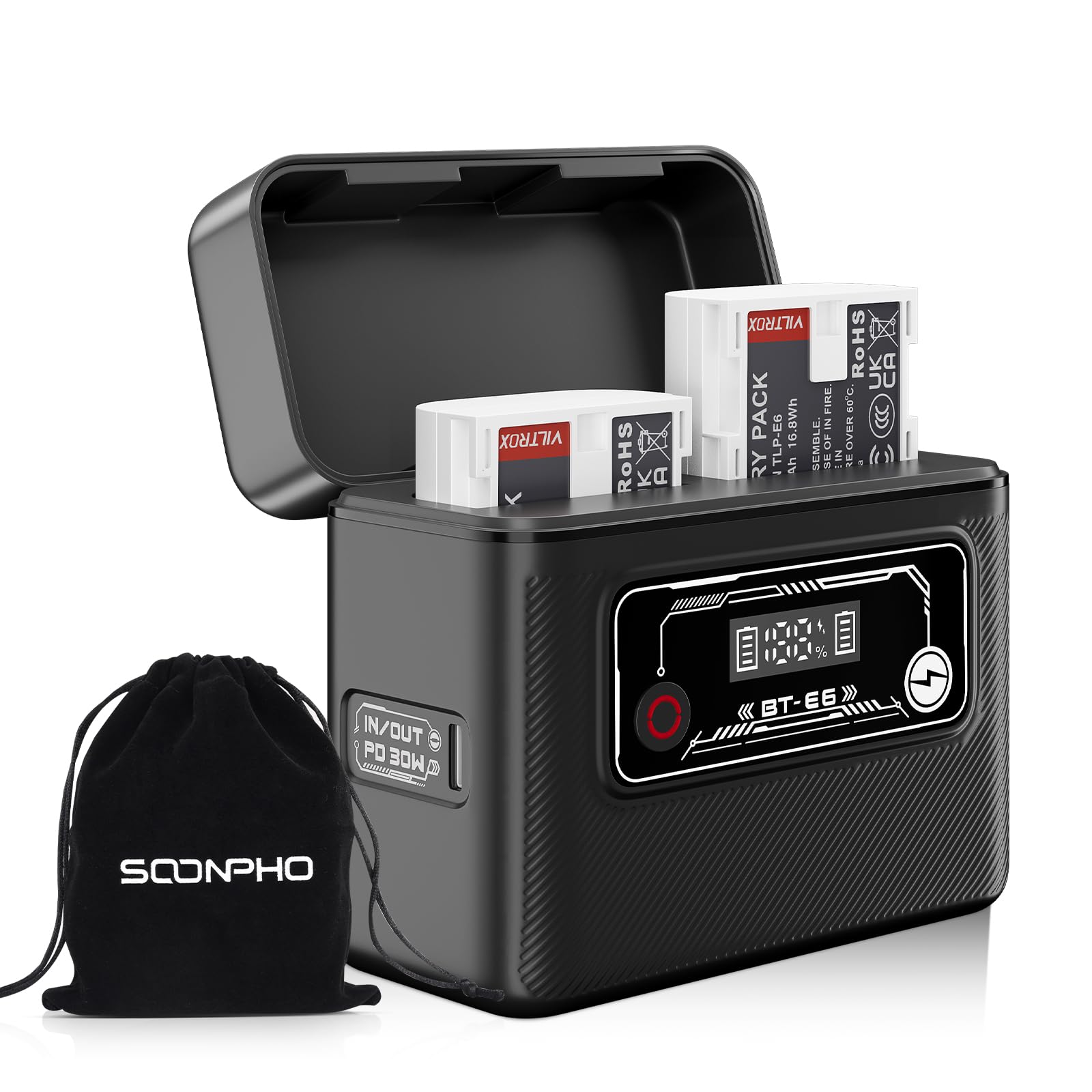 Soonpho BT-E6 Mobile Boîtier de Chargement de Batterie pour Canon LP-E6 Camera Battery Charging Case pour Canon 5D Markll 5DS 5DSR 6DMarkll 6D 7DMarkll 7D EOS60D 60DA 70D 80D 90D EOS-R EOS R5 R6