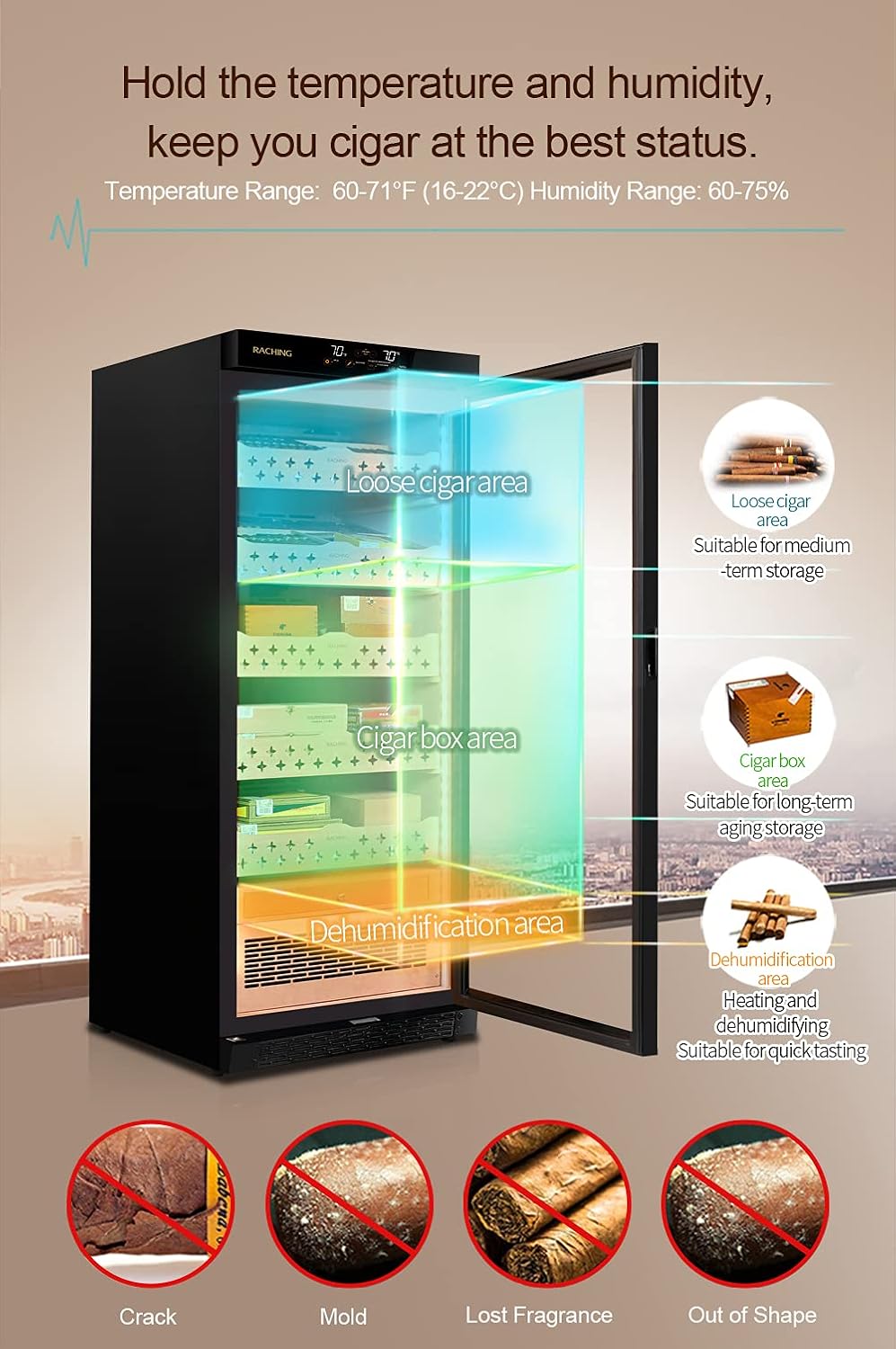 Diagram of the Raching humidor interior showing designated areas for loose cigars, cigar boxes, and dehumidification.