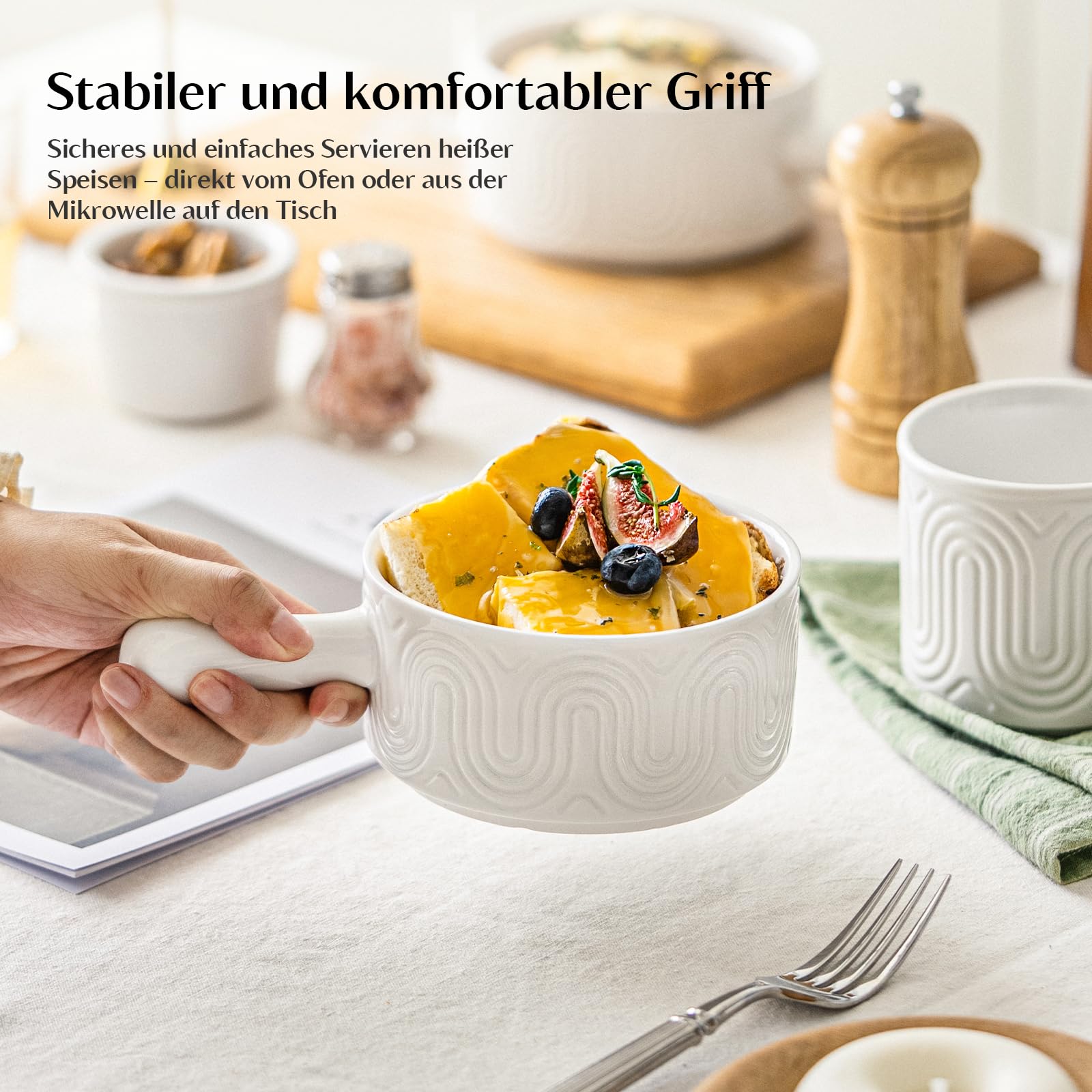 INSETLAN 18oz Suppenschüssel mit Griff,Suppentassen mit Henkel 4er Set, Keramik Suppenschüsseln im Bogendesign für Suppe, Chili, Eintopf – Spülmaschinen- & Mikrowellengeeignet, Stoßfest
