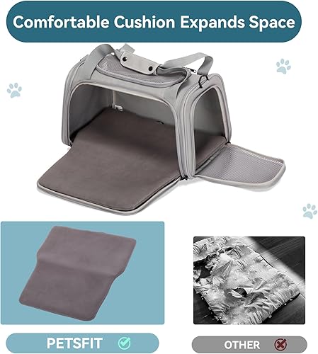 Vista 23 de PETSFIT Transportador de mascotas, transportador de perros aprobado por aerolíneas, plegable de lados suaves, aprobado por la TSA para gatos Azul