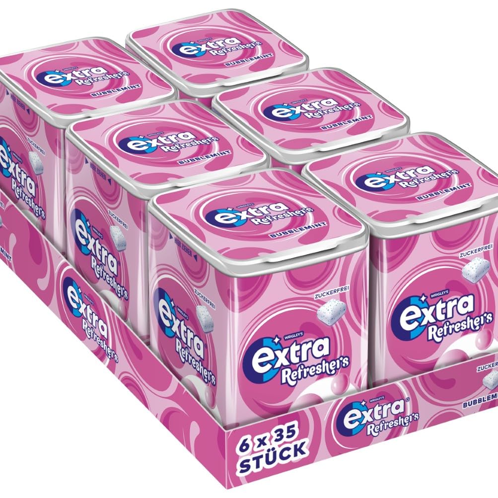 Extra Refreshers Kaugummi zuckerfrei, Bubblemint Gum, 6 x 35 Dragees, Großpackung Chewing Gum, Xylitol Kaugummi ohne Zucker mit Minz Frische (210 Dragees)