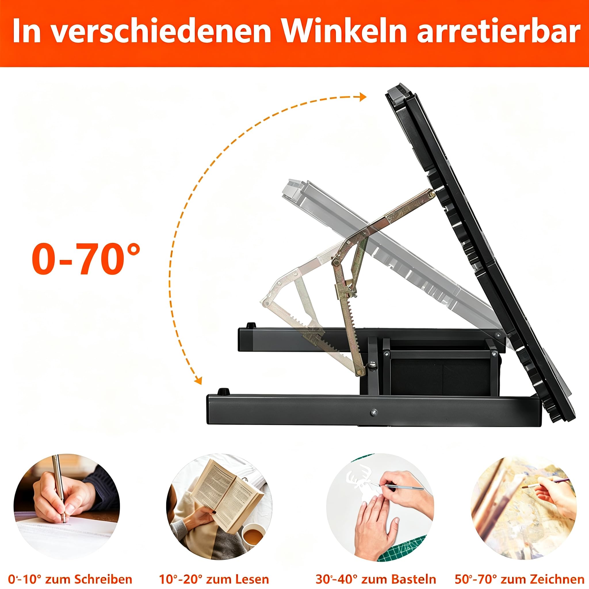 Tilt Gehärtetes Glas Zeichentisch auf Rädern mit 2 Schubladen, Schwarz