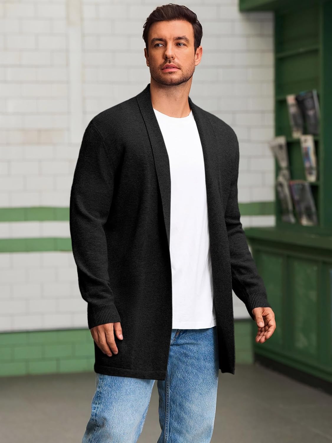 Runcati Mens Long Cardigan Sweater Casual Ruffle Shawl Collar Open Front Cardigan Knit Drape Cape Winter Sweaters - Image 2