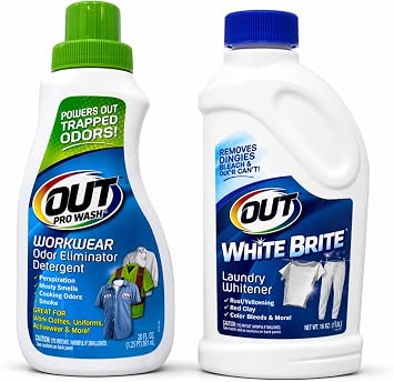 OUT Laundry Cleaning Kit White Brite Laundry Whitener 28.2 oz + OUT ProWash Workwear Odor Eliminator Detergent 22 fl oz