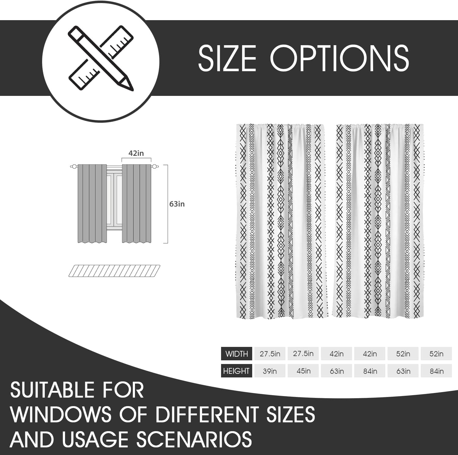 zokyer Boho Window Curtain Black and White Farmhouse Bohemian Tassel Geometric Striped Design Curtains Rod Pocket Drapes 42" W x 63" L Curtain Set for Living Room Set of 2 Panels Grommet Drapes