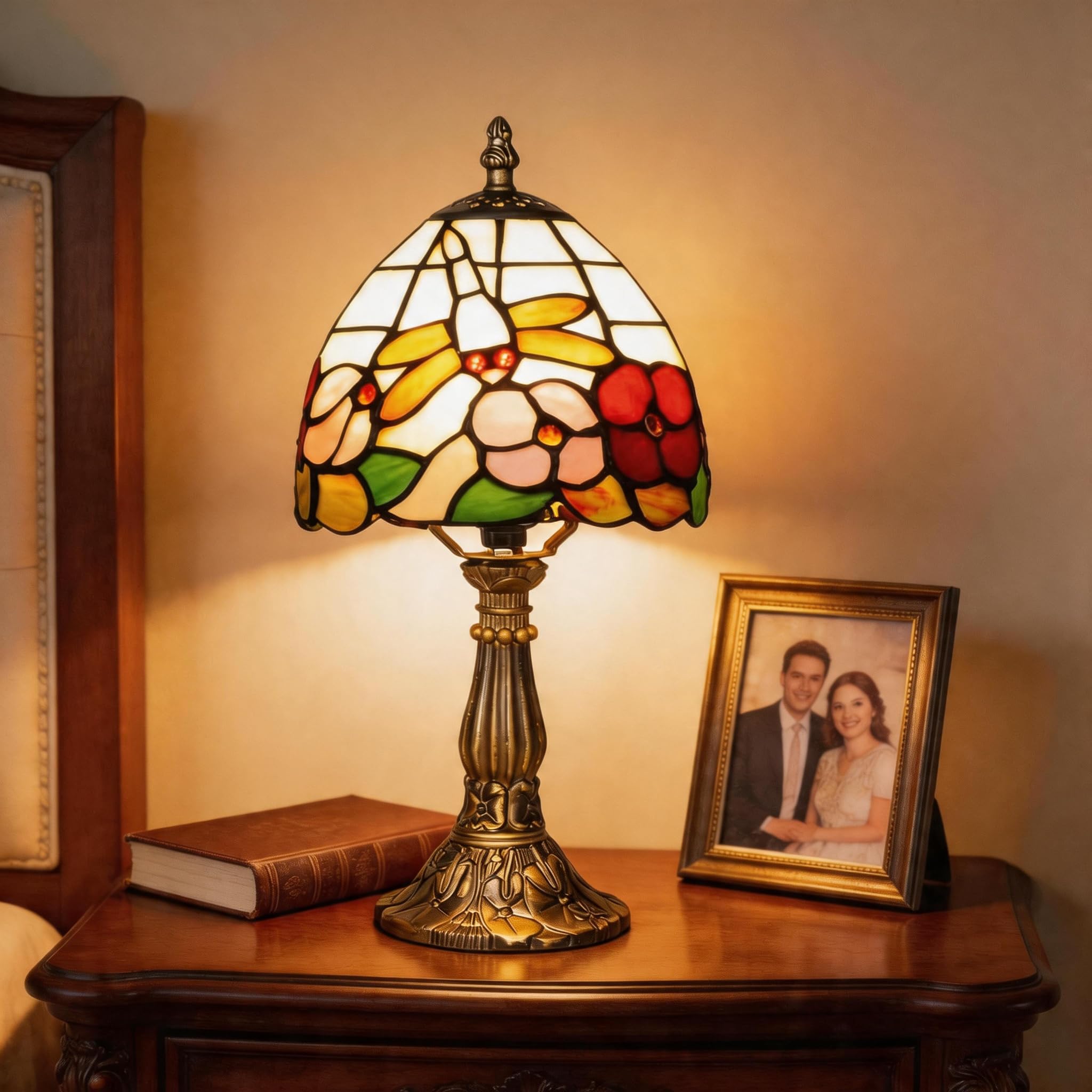 Plynvexa Tiffany Lamp Handmade Stained Glass Lamp with Dragonfly Flower Design Ideal for Bedroom Living Room Study Light — image 1