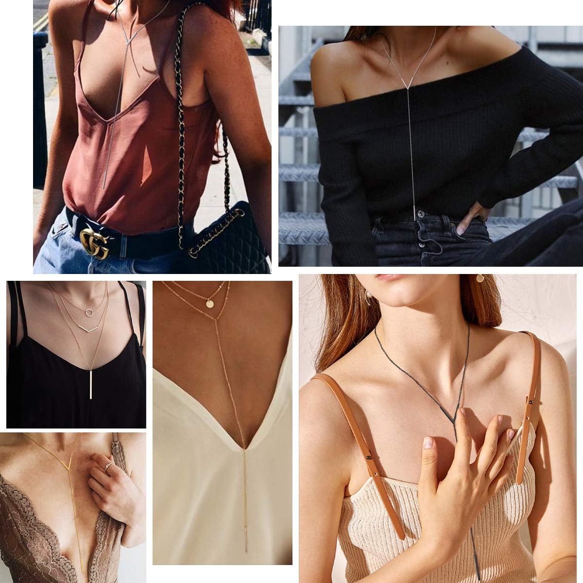 FOCALOOK Long Necklaces for Women 14K Gold Plated Dainty Drop Bar Pendant Lariat Y-Shaped Necklace Earring Set 28inch/73cm - Image 7