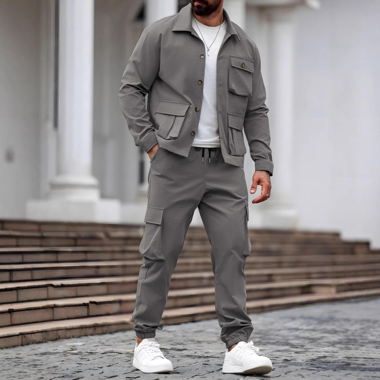 Conjunto De Cargo Retro Americano para Hombre con Múltiples Bolsillos, Chaqueta De Un Solo Botón y Pantalones De 2 Piezas