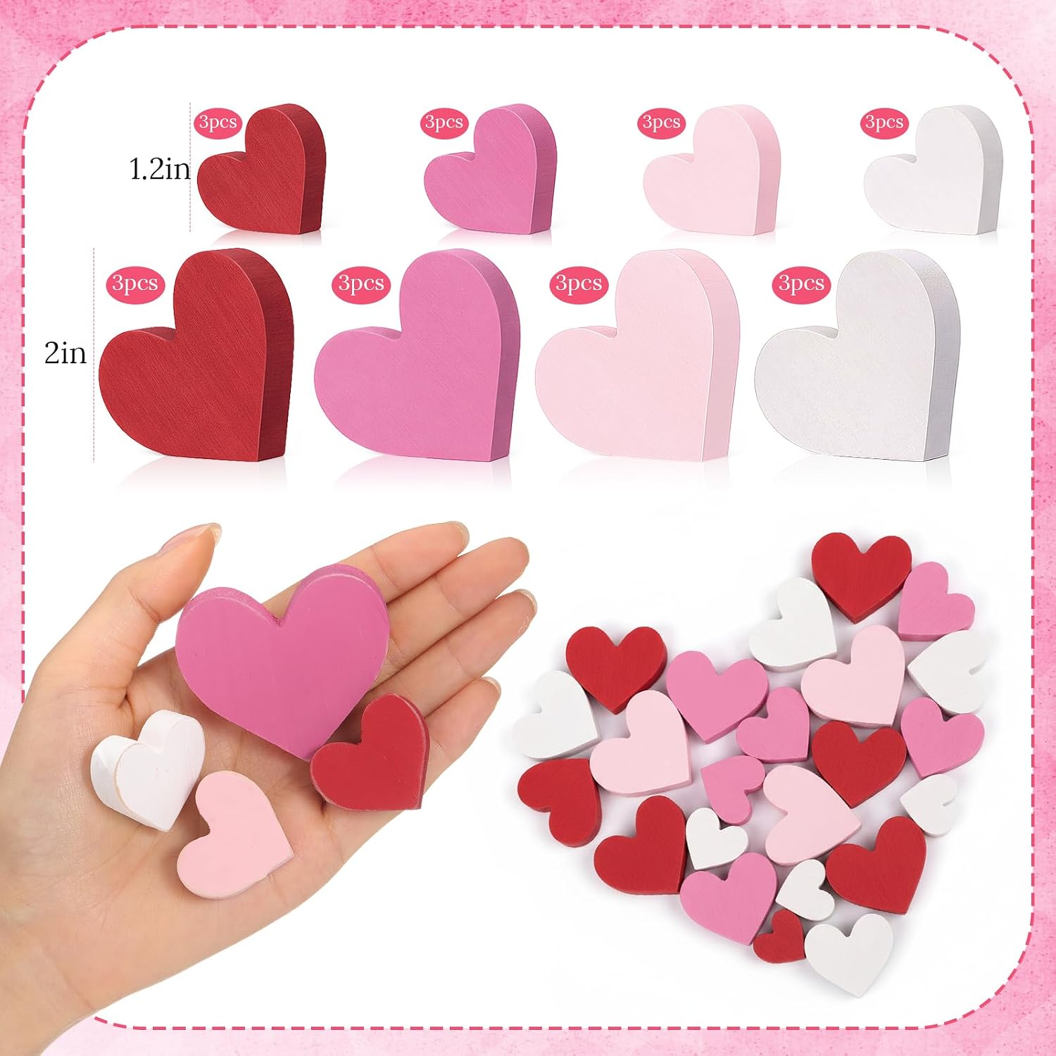 Amyhill 24 Pcs Wooden Decor Small Rustic Signs for Vase Bowls Filler Tiered Tray Table Decor(Heart,Red Pink White,1.2 Inch,2 Inch)