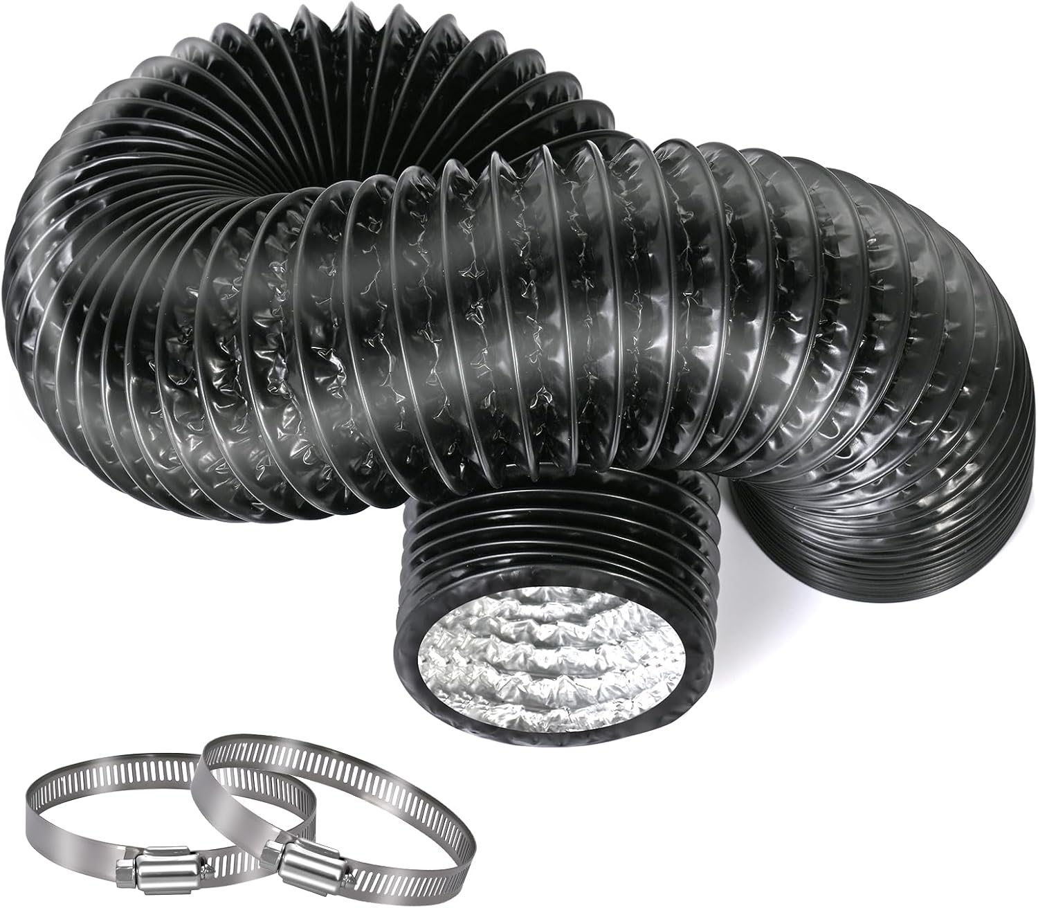 3-Inch 5 Feet Long（150cm）Dryer Vent Hose, Thickened aluminium foil flexible aluminium ducting 2 hose clamps for HVAC, grow tents, kitchen fresh air and exhaust air, bathroom exhaust.