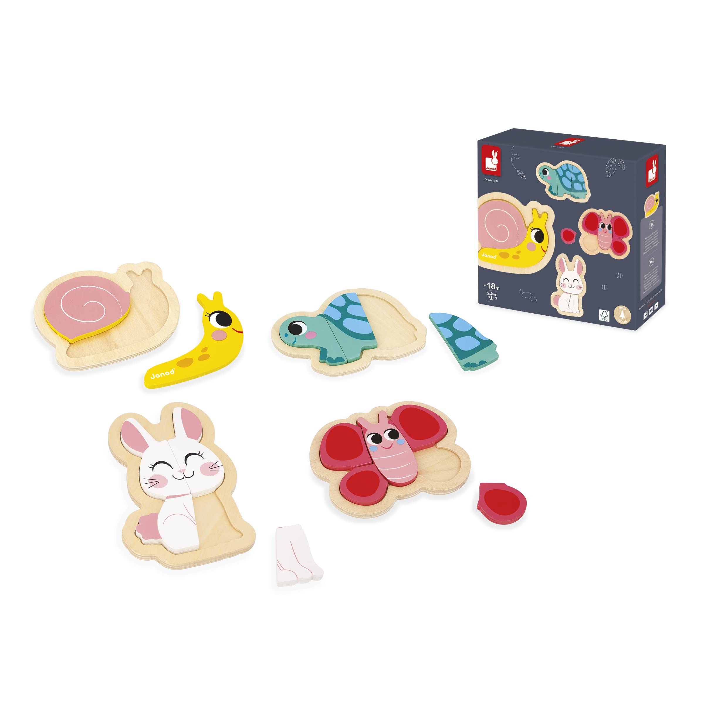 Janod - 4 Puzzle in Legno da 2 a 5 Pezzi - Puzzle Animali del Giardino - Giocattoli per Bambini - Giochi Educativi - Prima Infanzia - Dai 18 Mesi, J07116