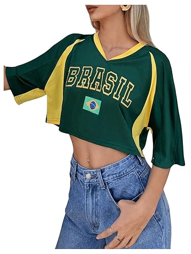 SHENHE Women's Y2k Soccer Jersey Top Brazil Crop Top Short Sleeve Graphic Loose Jersey Shirt - X-Small - Green