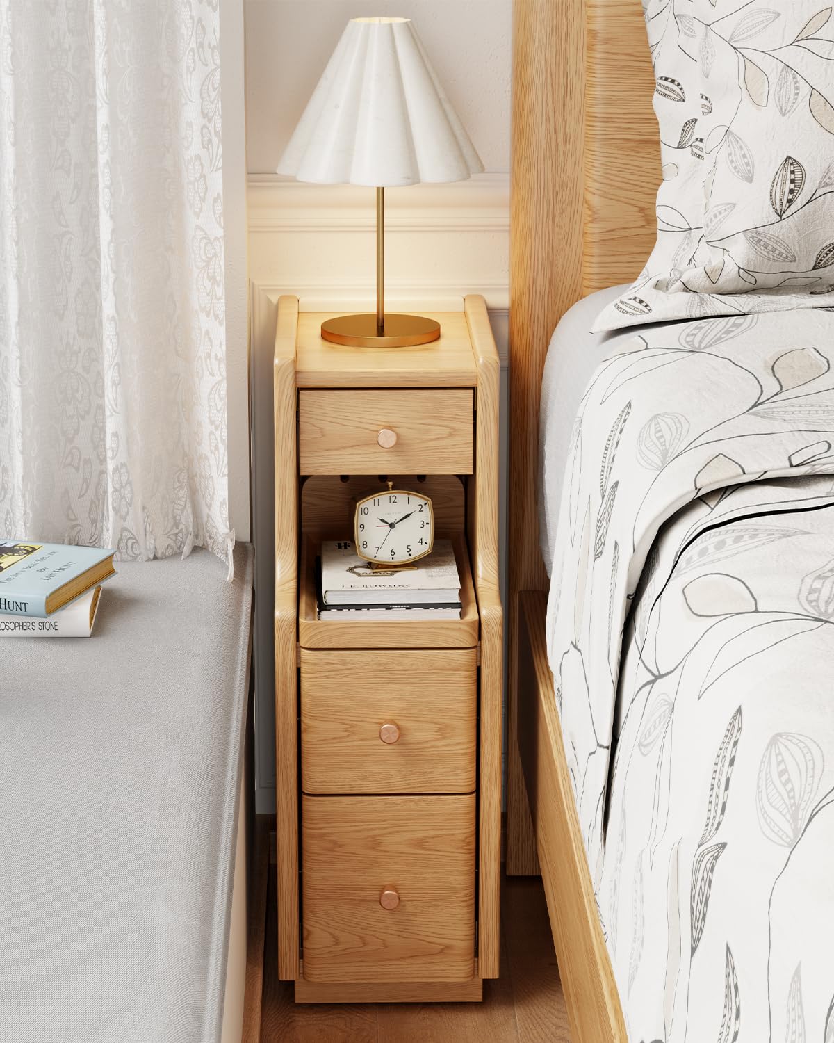 AQIMUELE Natural Solid Wood Narrow Nightstand with 3 Drawers